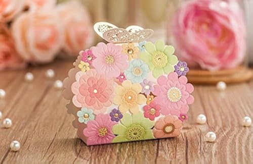 Worldoor 50 pcs Boîte à dragées de mariage et cadeaux Fleur Papillon Laser élégante Décoration de luxe fête d'événement Fournitures papier Candy Sac...