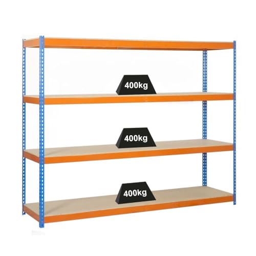 PROREGAL Weitspannregal Wood Yeti Four | HxBxT 200x150x45cm | Fachlast 400kg | Blau-Orange Schwerlastregal Metallregal Kellerregal Werkstattregal Lagerregal