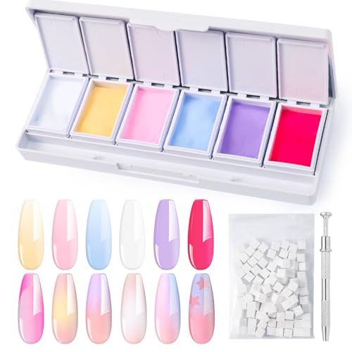 Image of MelodySusie Gradient Painting Gel, 6 Colors Spring Summer Ombre Gel Polish with 100 Sponges&Metal Grabber Set for Aura Nails, French Manicure, No Wipe, Soak Off UV, DIY Nail Art Palette Macaron Pink
