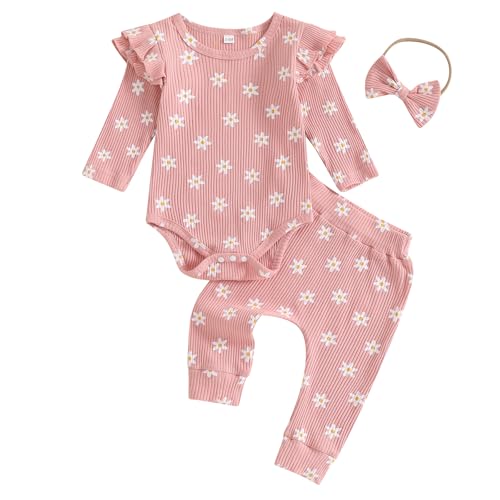 Image of FOCUSNORM Newbron Baby Girl Fall Clothes Flower Ribbed Knitted Long Sleeve Romper Long Pants 3 Pcs Infant Girl Winter Outfit (Flower Pink, 3-6 Months)