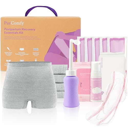 Image of PurComfy Postpartum Essentials Recovery Kit, Includes Disposable Underwear, Perineal Healing Pad Liners, Perineal Healing Foam, Instant Ice Pads, Upside Down Peri Bottle and Postpartum Pads - 18 Pcs