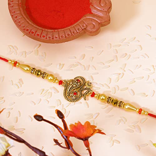 Riddhika Ventures Glorious Gold Plated Auspicious and Diamond Ring Rakhi with Roli Chawal and Greeting Card (K15)
