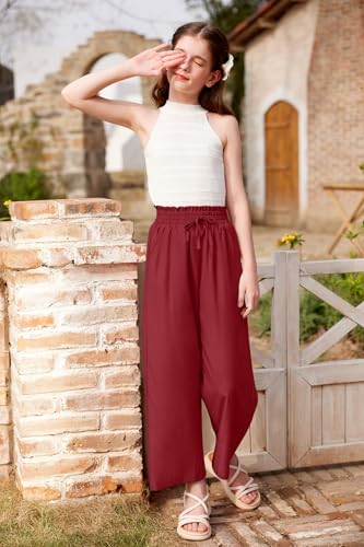 Image of Girls Summer Floral Wide Leg Pants High Waisted Flowy Dress Trousers with Pockets for School Lounge Beach 5-14 Years