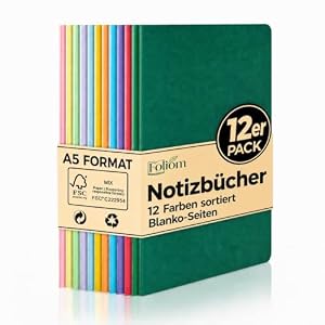 12er Set A5 Blanko Notizbücher, Bunte Kraftpapier-Hefte, Fadenbindung