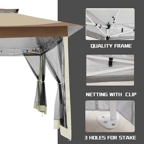 Image of HOTEEL 13x13 Pop Up Gazebo Canopy Tent Easy Up Outdoor Gazebo Waterproof Upgrade Portable Gazebo with Mosquito Nettings, Double Vented Roof and Carry Bag for Patio Garden Lawn(Khaki)