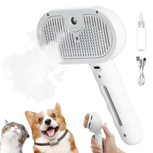 Image of Cat Steam Brush, 3 in 1 Pet Spray Hair Removal Comb for Shedding & Grooming, Pet Grooming Brush with Spray, One-Click Release Button and Tank, Spritz Defur Comb for Cats Dogs, Effective(White)