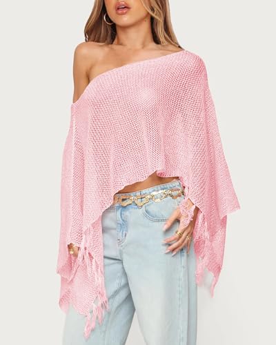 Womens Summer One Shoulder Knit Sheer Poncho Trendy Lightweight Boat Neck Fringe Pullover Sweaters4