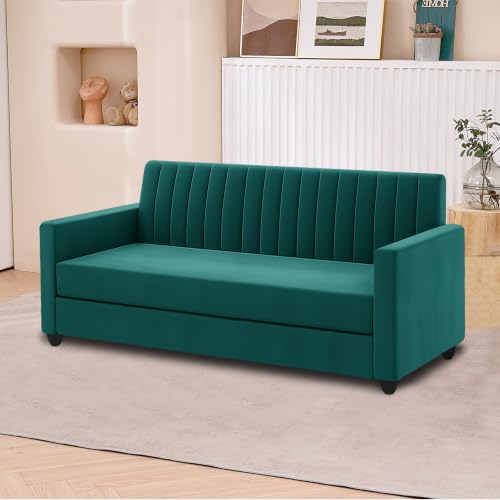 Image of 3+2 Fabric Sofa Set with Ottoman for Living Room | Modern Upholstered 5-Seater Couch | Soft Cushion, Premium Velvet Fabric-Green