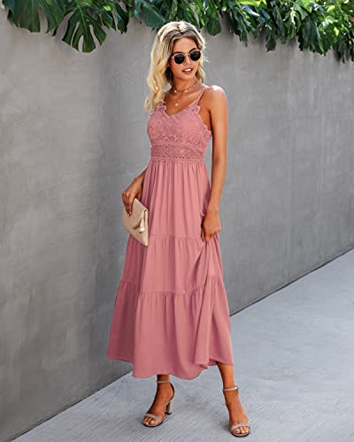 Image of Dokuritu Women's Beach Crochet Lace Maxi Dress Solid Color Summer Vacation Wedding Guest Spaghetti Strap Long Dress