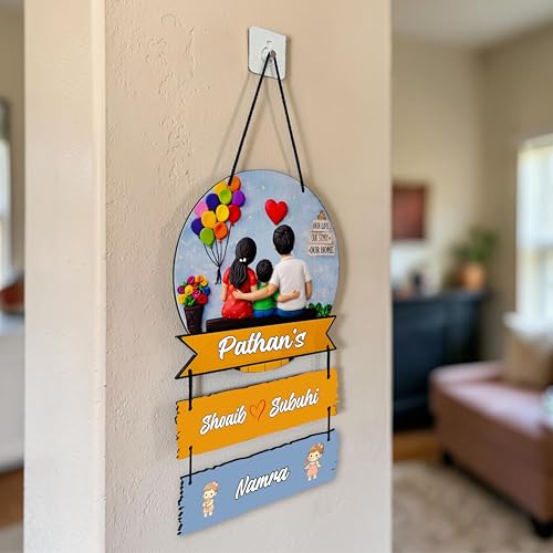 Image of P Arts Personalized Family Name Plate with 3D Illusion UV Print | Customized Wooden MDF Name Board for Indoor Home Entrance | Includes Self-Adhesive Sticky Hook for Easy Installation (Couple + 1 Girl)