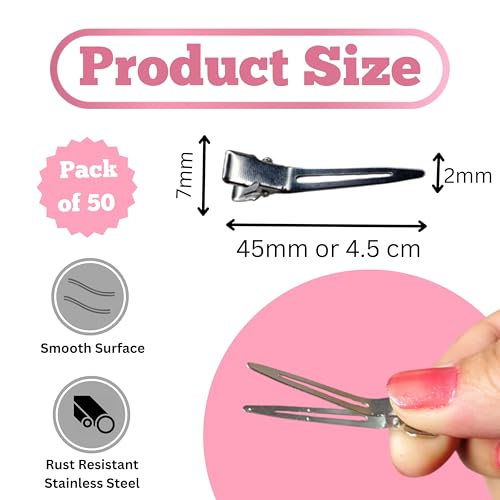 Image of ROSAURA (4.5 CM 50 Pcs) Alloy Steel Single Prong Alligator Hair Clips Base for DIY Hair Accessories, Barrette Hair Clips for Bow Making, Salon, and Hair Styling (Silver Sharp)