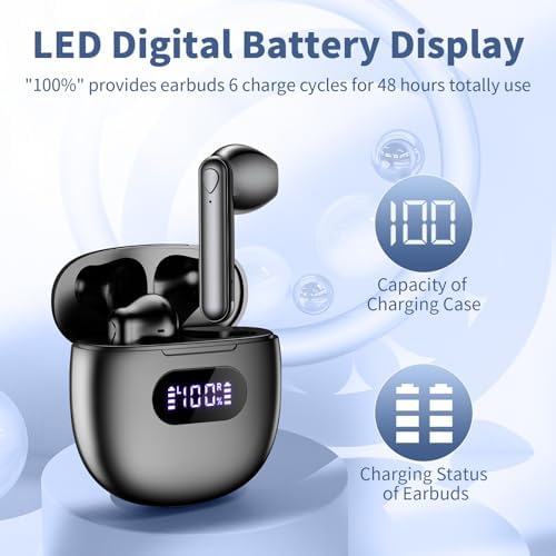 Jrwaro Wireless Earbuds Bluetooth Headphones V5.4, 48H Long Battery Life LED Power Display Ear Buds, IPX7 Waterproof HiFi Stereo Bass with Built-in Mic for Home Office Sports Earphones - 3