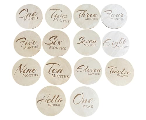 Baby Monthly Milestone Cards, Set of 14 Wooden Discs, One Month to One Year Plus Hello World, Natural