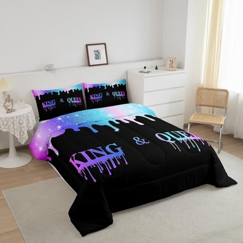 Image of Feelyou King and Queen Kids Comforter Twin, Purple Blue Mr Mrs Comforter Set for Man Woman His and Hers Bedding Set Presents Duvet Set with 1 Pillow Case