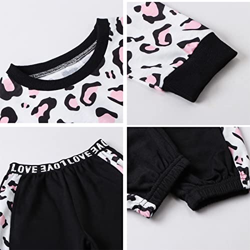 Image of Betusline Girls Two Piece Outfits, Fashion Leopard Print Crewneck Cropped Tops + Jogger Pants Set Outfits for Girl, Leopard Pink, 7-8 Years