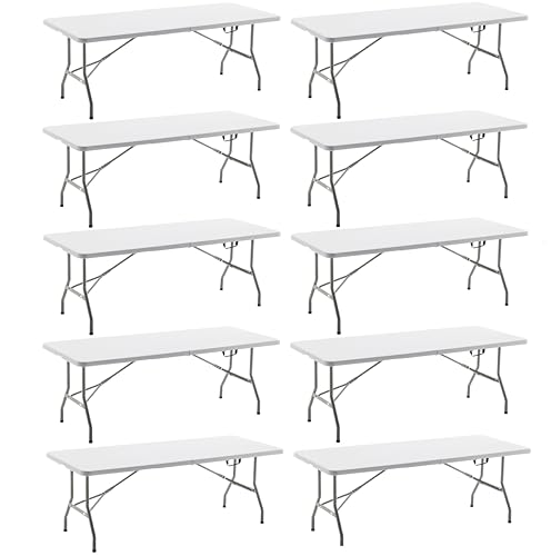Image of BTEXPERT Set of 10, Fold-in-Half Folding Utility Table 6 Feet 72 inch x 29.5 inch Lightweight Portable Carrying Handle Indoor Outdoor Picnic Camping Office Home Party Wedding Event White