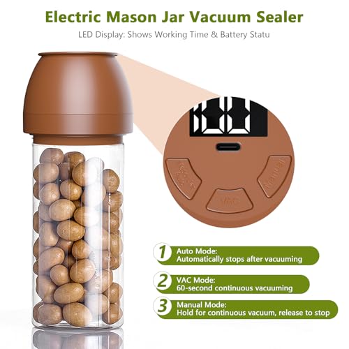 Image of FUTUREZEN Electric Mason Jar Vacuum Sealer for Regular /Wide Mouth, Brown | automatic vacuum sealing, food preservation, bottle opener, USB-C cable, jar lids