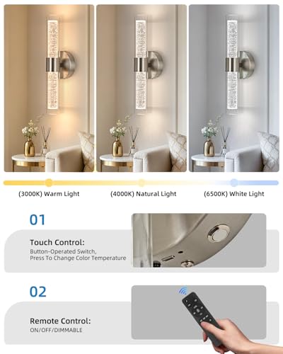 Image of OKELI Battery Operated Crysta Wall Sconces Set of 2, Brushed Nickel Battery Wall Sconce with Remote Control, LED Rechargeable Sconces, 3000K-6000K Wireless Wall Light for Bedroom, Living Room, Hallway
