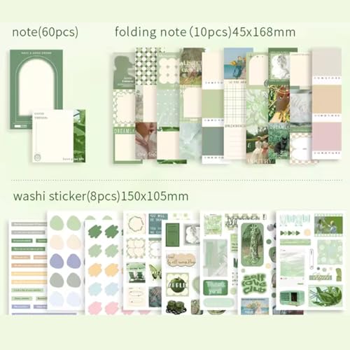 Image of The AutoStory Botanical Scrapbooking Kit A6 Junk Journal Nature Stickers Art Collage Paper Washi Tape DIY Craft Aesthetic Stationery Collection Gift for Teens Girls (Poetry of Misty Island, Green)