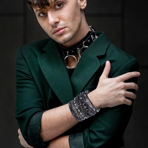 Punk Studded Bracelet 4 Pcs Black Leather Spiked Bracelet Cuff Punk Rock Rivet Cuff Emo Bracelets Wrap Bangle Snap Button Metal Wristband for Men Women (Gothic Style)3