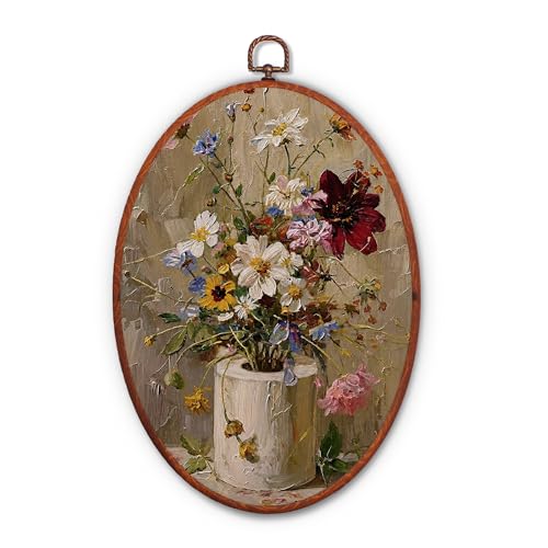 VTGSSZI Vintage Wildflower Bathtub Oval Framed Wall Art Decor, Daisy Bouquet in Clawfoot Tub Retro Canvas Print Oval Wall Hanging Decor for Home Bedroom Restroom, 8.3x11.6 Inch.(055)