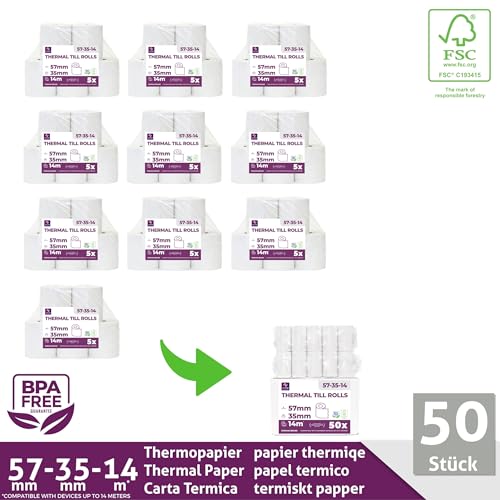 Ec-Cash Thermorollen 57mm x 14m x 12mm - Kassenrollen - Thermopapier - Bonrollen für Bankomat - Kredit-Kartenlesegeräte (57x35x12) (50 Rollen)