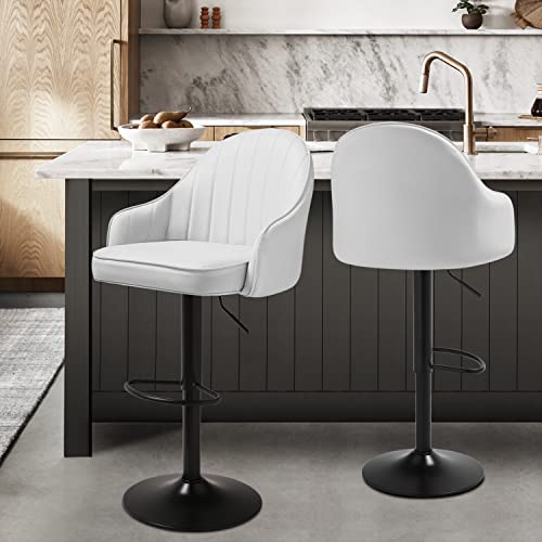Monibloom Pu Leather Bar Stools Set Of 2 Modern Shell Back Lift Stools Swivel With Back And Arms Barstools With Chrome Bas For Home Kitchen Chairs, White #TOP1
