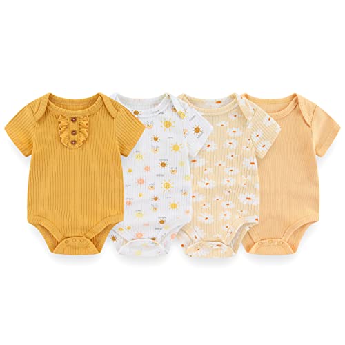 Image of ZAV Solid Unisex Short Sleeve Baby Boy Girl Bodysuits 4-pack Cotton Cartoon Baby Clothes Soft Infant Outfits