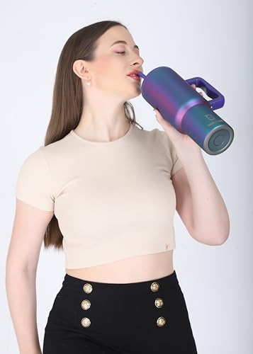 House of Quirk 1200ML Stainless Steel Tumbler with Handle & Lid, 2 Straws – Large Travel Mug Water Cup for Gym, Office & Outdoor Use (Aurora Prism)