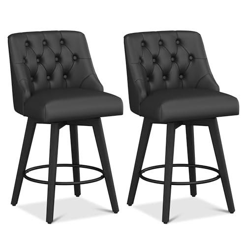 Image of Counter Height Bar Stools Set of 2, 26.8 inchH Swivel Leather Barstools with Backs and Solid Wood Legs, Counter Height Stools for Kitchen Island, Home Bar Pub, Black Grey