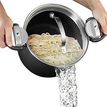 GOTHAM STEEL 5 Qt Nonstick Pasta Pot with Strainer Lid & Twist and Lock Handles, Ceramic Stock Pot with Tempered Glass Lid, Metal Utensil Safe, for Spaghetti Soup & Noodles, Dishwasher Safe, Black