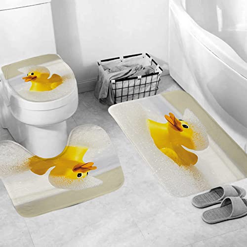 HJOSWVNS Badezimmerteppich Gelbe Ente Badematte Badezimmer Set 3 Teilig rutschfest Badteppich...