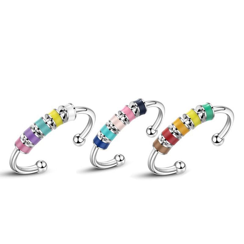 3Pcs Spinning Enamel Fidget Ring, Anxiety Relief Ring Adjustable Fidget Ring Roll Anti-anxiety Spinner Fidget Rotating Ring Stress Relief Rings Bead Spinner Ring for Women