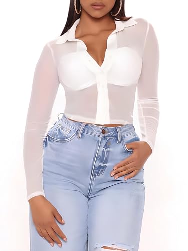 ZANZEA Women's Sexy Mesh Shirt Sheer Button Up Blouse See Through Long Sleeve Crop Top White Large