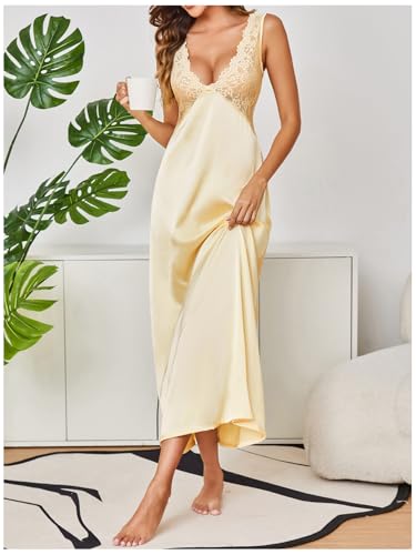 Image of WDIRARA Women's Satin Sleepwear Nightgown | Lace, Backless, Deep V Neck, Sleeveless, Long