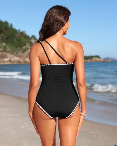 Image of Holipick One Shoulder One Piece Swimsuit for Women Tummy Control Bathing Suits Modest Full Coverage Keyhole Swimwear