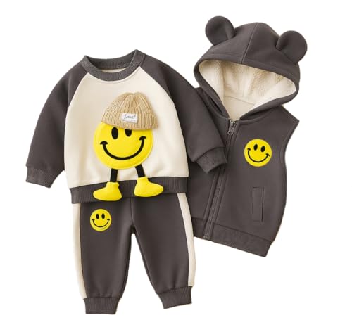 Image of Bold N Elegant Kids Polyester Printed 3d Happy Smile Face Cartoon Winter Warm Hoodied Jacket Sweatshirt and Pajamas 3 Pc Layering Party Clothing Set