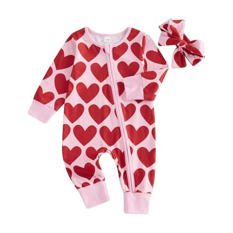 Suolongsama My First Valentines Day Baby Girl Outfit Newborn Long Sleeve Zipper Jumpsuit Heart Romper with Headband (Pink, 12-18 Months) Cover