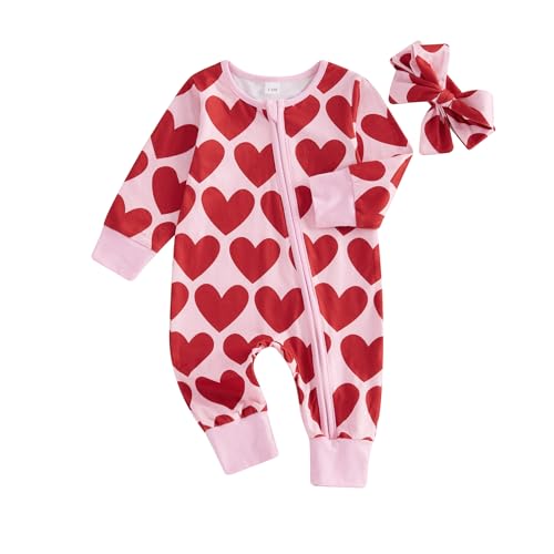 Suolongsama Baby Girl Outfit Newborn Long Sleeve Zipper Jumpsuit Heart Romper with Headband