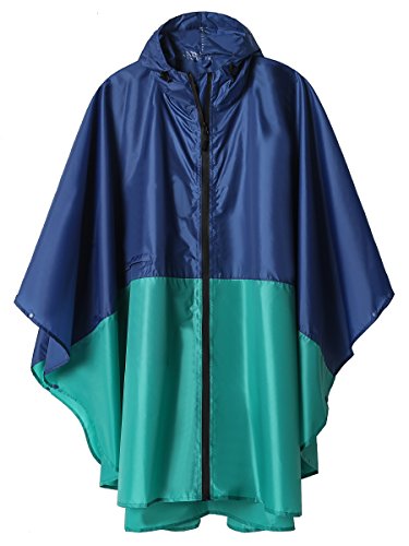 Rain Poncho Jacket Coat for Adults Hooded Waterproof with Zipper Outdoor (Green-Blue)