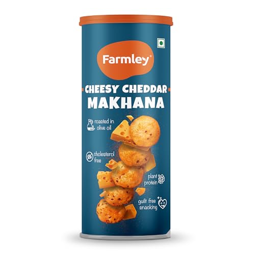 Farmley Roasted and Flavoured Cheesy Cheddar Makhana | Namkeen Snacks & Puffed Snacks | Healthy Snack | Cholesterol Free | Gluten Free | Rich In Protein & Fiber | Roasted in Olive Oil - 77g Jar