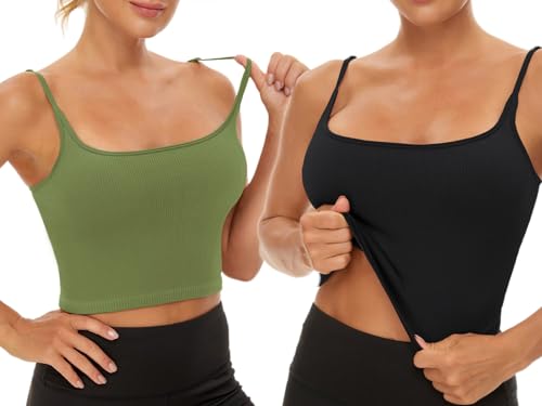 Image of Chilylori Seamless Sports Bra Cropped Tank Top with Adjustable Strap 2 Pack | Workout Tops Ribbed Sports Bra for Women Wireless Longline Crop Tank Padded Comfortable Brami