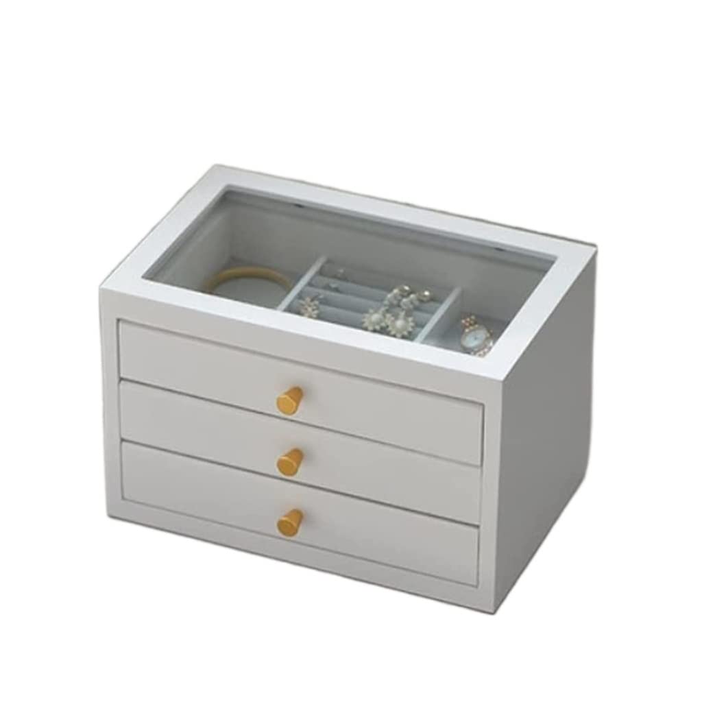 XBTGS Uhrenbox, Uhren-Organizer, Schmuckschatulle, Ohrringe, Halsketten, Uhren, Aufbewahrungsbox für Schreibtisch, 2/3 Schubladen, Massivholz, Glasabdeckung, Uhrenaufbewahrungsboxen, A-3 Schubladen, B