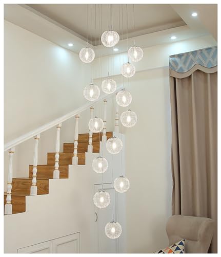 Luminaire de plafond haut avec boule de verre et 9 lumières pour salon