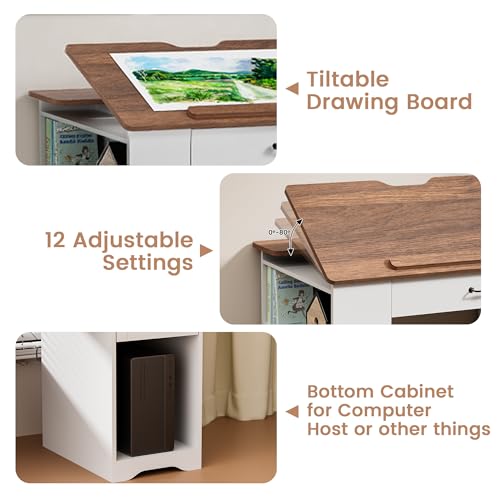 image for Lurinthal Drafting Table with Storage Cabinet & Drawers, Adjustable Dr
