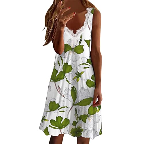 MRGIINR My Recent Orders - Vestidos de verano para mujer, estilo bohemio, floral, con encaje fruncido, cuello en V, retazos, sin mangas, ajustado, casual, elegante, hasta la rodilla, ropa de