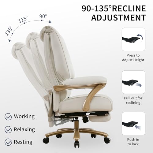 Image of EXCEBET Big and Tall Executive Office Chair with Footrest, 400LBS Capacity Ergonomic High-Back Desk Office Chair with Lumbar Support, Padded Armrests & Thick Cushion, White PU Leather Chairs