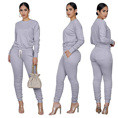 Women\'s Stacked Sweat Suits 2 Pc Set Two Pice Outfits Ruched Long Sleeve Sweatshirts + Skinny Pants Grey Large - Thumbnail 4