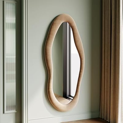 Honyee 55" x 24" Wall Mirror, Flannel Wrapped Wooden Frame Wavy Mirror, Irregular Mirror Hanging for Cloakroom/Bedroom/Living Room, Milk Tea