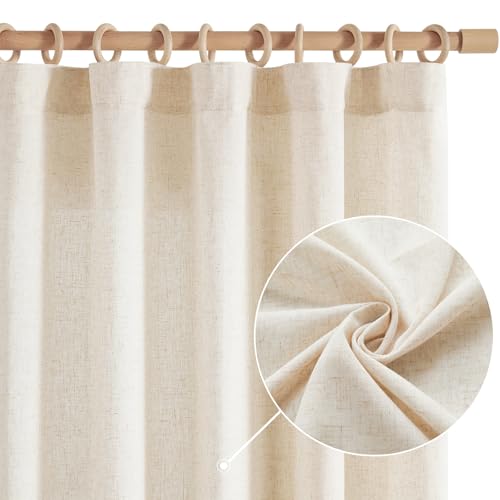 Image of jinchan Linen Curtains Light Filtering Back Tab 50x84 Inch 2 Panels Beige